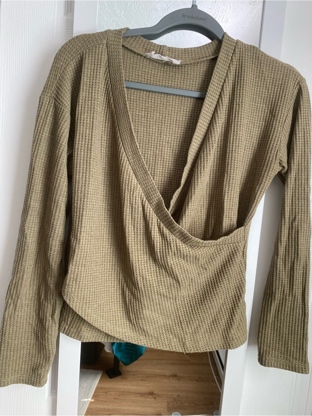 Waffle-Knit Wrap-Front Long Sleeve Top - Olive Green